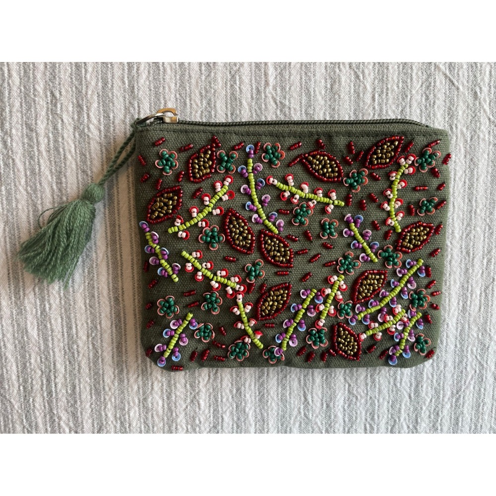 America & Beyond Beaded Green Canvas Coin Purse Boho Tassel Pouch A570792‎